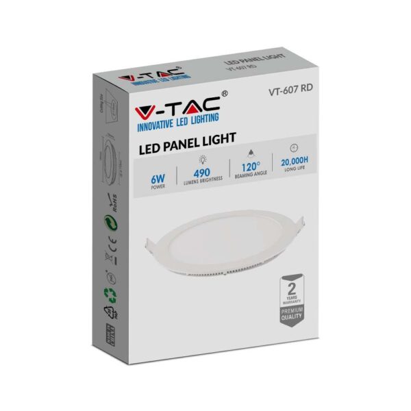 LED Πάνελ Στρογγυλό 6W V-TAC 120° 490lm Ø120 Θερμό 3000K – 214854