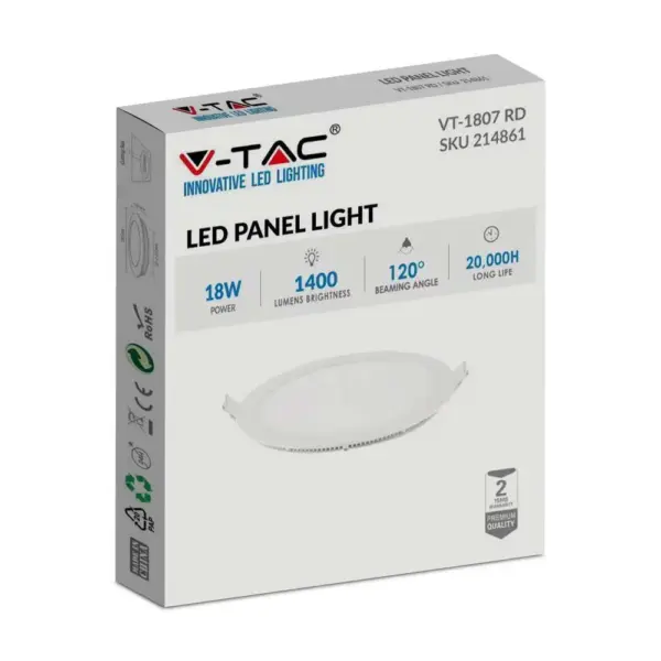 LED Πάνελ Στρογγυλό 18W V-TAC 120° 1400lm Ø225 Φυσικό 4000K – 214861