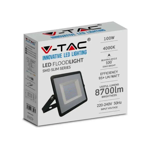 LED Προβολέας 100W Μαύρος V-TAC IP65 100° 8700lm Θερμό 3000Κ – 215964