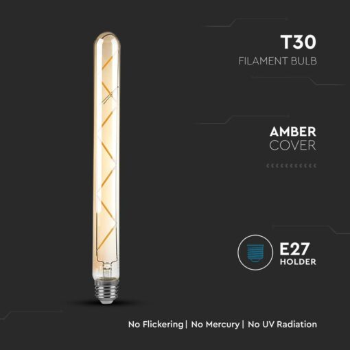 LED Λάμπα E27 T30 Σωληνωτή 7W Filament Amber Cover V-TAC 2200K – 217144