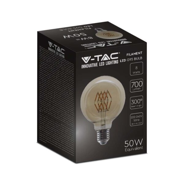 LED Λάμπα E27 G95 8W Filament Amber V-TAC 300° 700lm Θερμό Λευκό 2200Κ – 217145