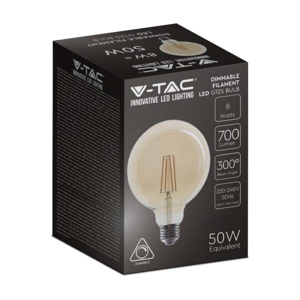LED Λάμπα – 8W  Filament E27 G125 Amber Dimmable 2200K V-TAC – 217155