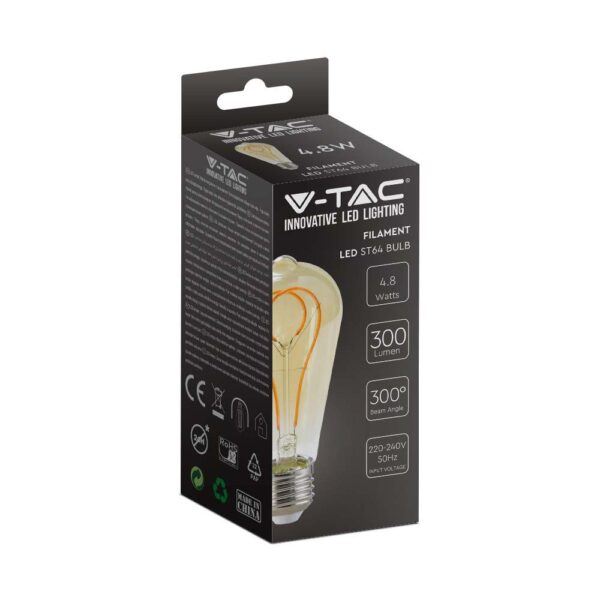 LED Λάμπα E27 ST64 5W Filament Amber V-TAC 300° 300lm Θερμό Λευκό 1800Κ – 217220