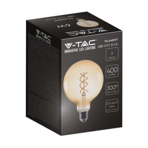 LED Λάμπα E27 G125 6W Filament Amber V-TAC 300° 400lm Θερμό Λευκό 1800Κ – 217328