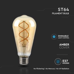 LED Λάμπα E27 ST64 5W Dimmable Filament Amber V-TAC 300° 250lm Θερμό Λευκό 1800Κ – 217416