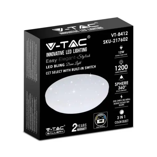 LED πλαφονιέρα 12W στρογγυλή, 3 σε 1 φωτισμός (Ψυχρό, Φυσικό & Θερμό λευκό), σε Λευκό σώμα και έναστρο κάλυμμα V-TAC – 217602