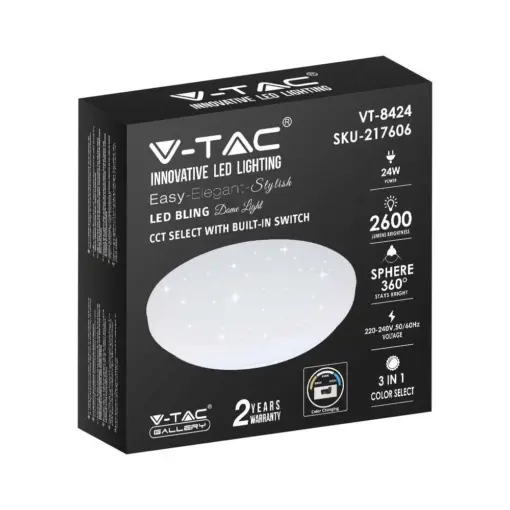 LED πλαφονιέρα 24W στρογγυλή 3 σε 1 φωτισμός CCT σε Λευκό σώμα και έναστρο κάλυμμα V-TAC – 217606