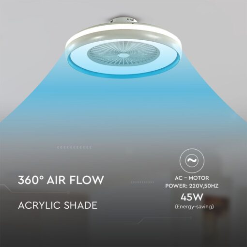 Ανεμιστήρας οροφής LED 45W 3 σε 1 λευκό σώμα-μπλε δαχτυλίδι 7 πτερυγίων με ρύθμιση μέσω RF control V-TAC – 217934