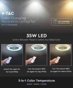 Ανεμιστήρας οροφής LED 45W 3 σε 1 λευκό σώμα-μπλε δαχτυλίδι 7 πτερυγίων με ρύθμιση μέσω RF control V-TAC – 217934