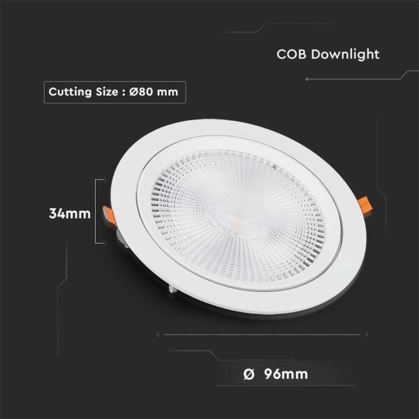 LED Φωτιστικό Χωνευτό COB Ρυθμιζόμενο 10W V-TAC PRO Samsung Chip 25° 1040lm Φ95 Θερμό 3000K – 21839