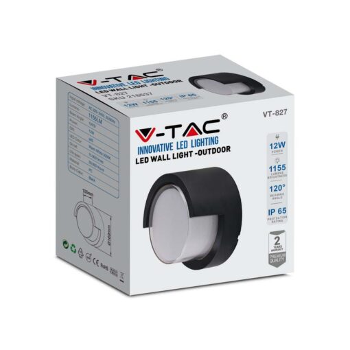 LED αδιάβροχη απλίκα 12W IP65 3000K Θερμό λευκό Μαύρο σώμα στρογγυλή V-TAC – 218537