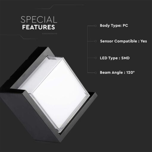 LED αδιάβροχη απλίκα 12W IP65 4000K Φυσικό λευκό Μαύρο σώμα τετράγωνη V-TAC – 218540