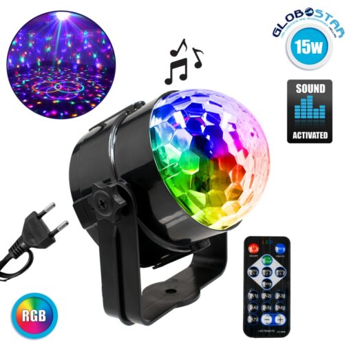 GloboStar® 79601-1 LED Party Disco Μπάλα με Περιστρεφόμενα Φωτορυθμικά Εφέ Πολύχρωμη RGB 15W με Sound Control Activated Εφέ και με Ασύρματο Χειριστήριο AC 230V IP20 Μ11 x Π8.6 x Υ13cm