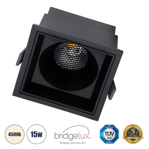GloboStar® PLUTO-B 60280 Χωνευτό LED Spot Downlight TrimLess Μ10.4xΠ10.4cm 15W 1950lm 38° AC 220-240V IP20 Μ10.4 x Π10.4 x Υ6.5cm – Τετράγωνο – Μαύρο & Anti-Glare HoneyComb – Φυσικό Λευκό 4500K – Bridgelux COB – 5 Years Warranty