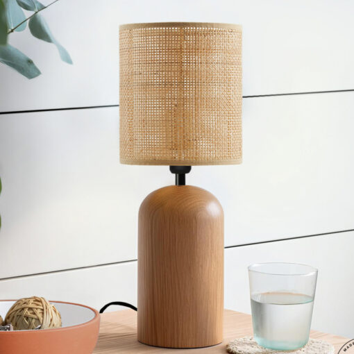 GloboStar® HARD 204-0065 Μοντέρνο Eπιτραπέζιο Φωτιστικό Μονόφωτο 1 x E27 IP20 Καφέ Ξύλο με Μπεζ Rattan – Μ15 x Π15 x Υ35cm