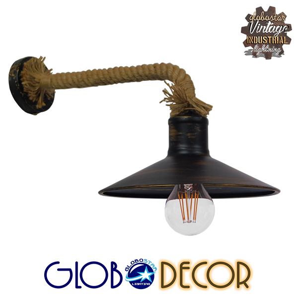 GloboStar® CARVIA 01136 Vintage Φωτιστικό Τοίχου Απλίκα Μονόφωτο Μπρούτζινο Σκουριά Μεταλλικό Καμπάνα με Μπεζ Σχοινί Φ27 x Μ50 x Π27 x Υ25cm
