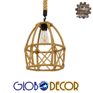 GloboStar® TELAN 01615 Vintage Κρεμαστό Φωτιστικό Οροφής Μονόφωτο 1 x E27 Πλέγμα με Μπεζ Σχοινί Φ30 x Υ38cm