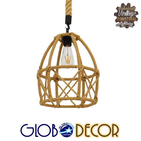 GloboStar® TELAN 01615 Vintage Κρεμαστό Φωτιστικό Οροφής Μονόφωτο 1 x E27 Πλέγμα με Μπεζ Σχοινί Φ30 x Υ38cm