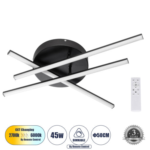 GloboStar® DRACO 61093 Φωτιστικό Οροφής Γραμμικό Linear Design LED CCT 45W 5535lm 120° AC 220-240V – Εναλλαγή Φωτισμού μέσω Τηλεχειριστηρίου All In One Ψυχρό 6000k+Φυσικό 4500k+Θερμό 2700k Dimmable Φ50 x Υ11cm – Μαύρο – 3 Years Warranty