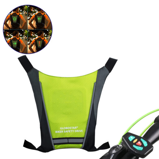 GloboStar® 79069 Γιλέκο Ασφαλείας Φωσφοριζέ Αντανακλαστικό για Ποδηλάτες & Runners με Φωτεινή Σήμανση LED – Ενσωματωμένη Μπαταρία 650mAh DC 5V Επαναφορτιζόμενο με Καλώδιο Τροφοδοσίας USB & Ασύρματο Χειριστήριο – Λαχανί Φωσφοριζέ & Μαύρο Αδιάβροχο IP65