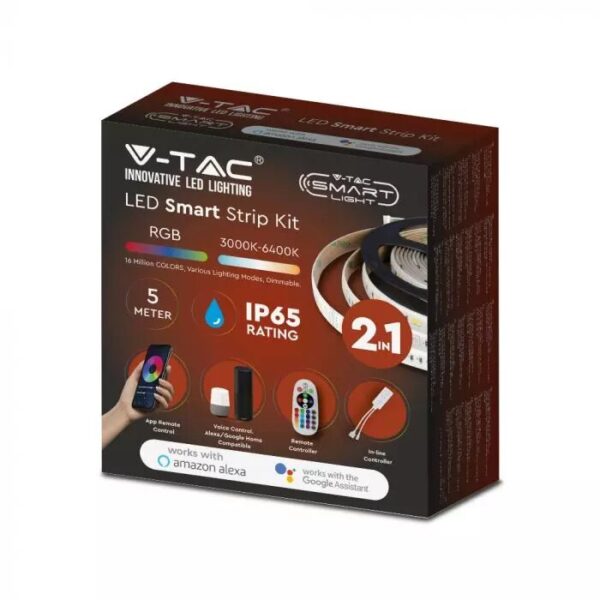 Wi-Fi Σετ 5 μέτρα Ταινίας LED 4W V-TAC IP65 Πολύχρωμη RGB+3000K-6400K Συμβατή Με Amazon Alexa & Google Home – 2628