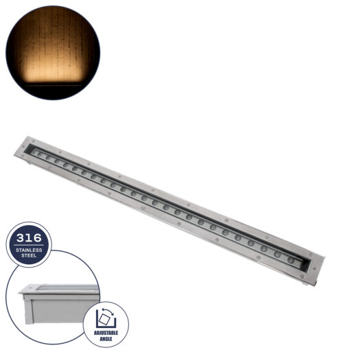 GloboStar® UNDERGROUND-PASSAGGIO 90196 Χωνευτό Φωτιστικό Wall Washer Δαπέδου LED 24W 2160lm 10° DC 24V Αδιάβροχο IP68 με Ρυθμιζόμενη Γωνία Φωτισμού L108 x W9 x H7.5cm Θερμό Λευκό 2700K – Ανοξείδωτο Ατσάλι – 3 Years Warranty