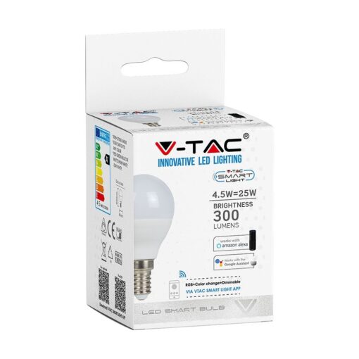 Wi-Fi Λάμπα LED 4.8W E14 P45 V-TAC Smart Home 180° 450lm 2700K-6400K+RGB – 212756