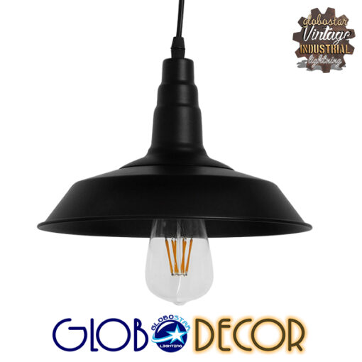 GloboStar® RAY 01050 Vintage Industrial Κρεμαστό Φωτιστικό Οροφής Μονόφωτο 1 x E27 Μαύρο Μεταλλικό Καμπάνα Φ26 x Y25cm