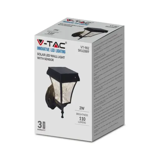 LED Ηλιακό Φαναράκι Τοίχου 2W V-TAC IP44 Μαύρο Σώμα CCT – 2889