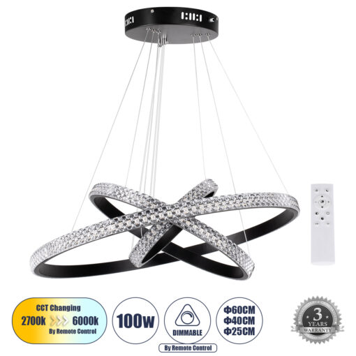 GloboStar® DIAMOND TRIO 61136-DECO Κρεμαστό Φωτιστικό Δαχτυλίδι-Κύκλος LED CCT 100W 12123lm 360° AC 220-240V – Εναλλαγή Φωτισμού μέσω Τηλεχειριστηρίου All In One Ψυχρό 6000k+Φυσικό 4500k+Θερμό 2700k Dimmable Φ25+40+60cm – Μαύρο – 3 Years Warranty
