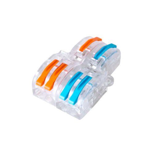 GloboStar® FAST-CONNECT 69909 Διπλή σε Τετραπλή Κλέμα Ταχείας Σύνδεσης & Διακλάδωσης Καλωδίων – 2 x Είσοδοι & 4 x Έξοδοι με Συμβατή Διατομή Καλωδίων 0.08mm² έως 2.5mm² – 250V/4KV 32A Max – Μ2.6 x Π4 x Υ1.5cm – Διάφανο με Πορτοκαλί & Μπλε – Πακέτο 5 Τεμαχίων – 5 Years Warranty