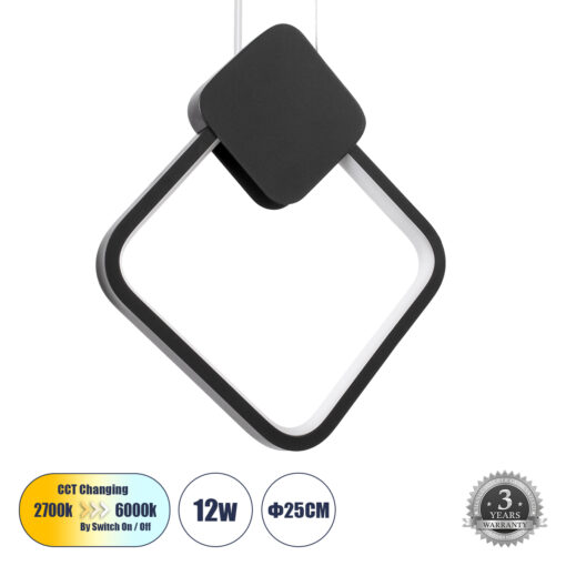 GloboStar® MARY 61082 Κρεμαστό Φωτιστικό Οροφής Design LED CCT 12W 1440lm 300° AC 220-240V – Εναλλαγή Φωτισμού μέσω Διακόπτη On/Off All In One Ψυχρό 6000k+Φυσικό 4500k+Θερμό 2700k Μ20 x Π2.3 x Υ28.5cm – Μαύρο