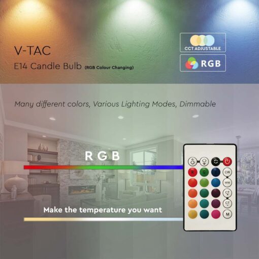 LED Λάμπα E14 Κερί με Τηλεχειριστήριο RF 4.8W V-TAC 470lm RGB+Φυσικό 4000K – 2929