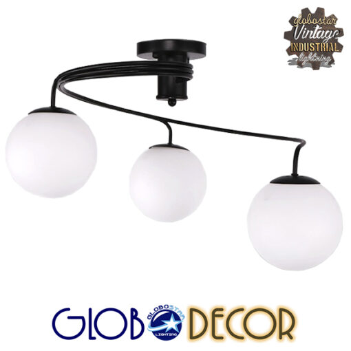 GloboStar® SELINA 01089 Μοντέρνο Φωτιστικό Οροφής Τρίφωτο Μαύρο Μεταλλικό με Λευκό Γυαλί Φ60 x Y45cm