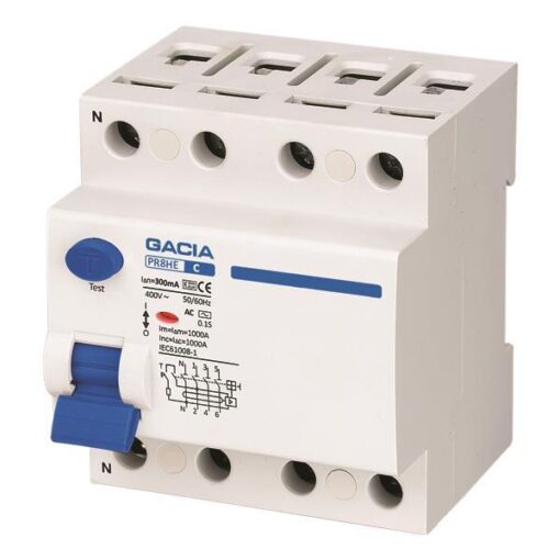 ΡΕΛΕ ΔΙΑΡΡΟΗΣ 4Χ63Α 10KA 300mA TYPE AC+S  GACIA EUROLAMP – 500-37545