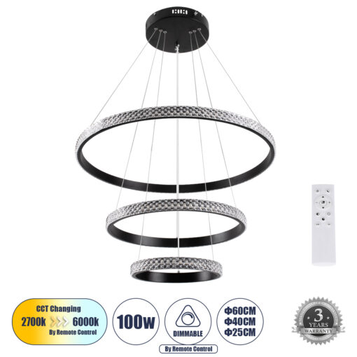 GloboStar® DIAMOND TRIO 61136 Κρεμαστό Φωτιστικό Δαχτυλίδι-Κύκλος LED CCT 100W 12123lm 360° AC 220-240V – Εναλλαγή Φωτισμού μέσω Τηλεχειριστηρίου All In One Ψυχρό 6000k+Φυσικό 4500k+Θερμό 2700k Dimmable Φ25+40+60cm – Μαύρο – 3 Years Warranty