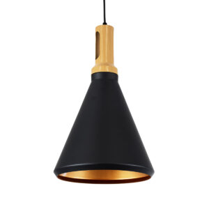 GloboStar® CALYPSO 01334-C Μοντέρνο Κρεμαστό Φωτιστικό Οροφής Μονόφωτο 1 x E27 Μαύρο – Χρυσό Μεταλλικό με Ξύλινη Βάση Καμπάνα Φ25 x Υ40cm