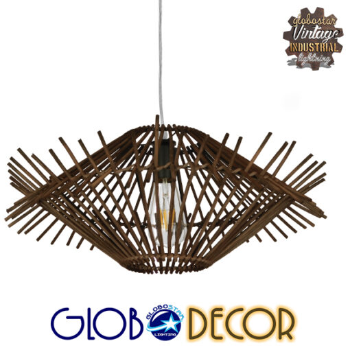 GloboStar® MADDY 01602 Vintage Κρεμαστό Φωτιστικό Οροφής Μονόφωτο 1 x E27 Καφέ Σκούρο Ξύλινο Ψάθινο Bamboo Φ50 x Υ23cm