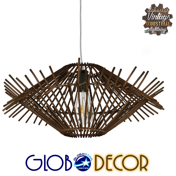 GloboStar® MADDY 01602 Vintage Κρεμαστό Φωτιστικό Οροφής Μονόφωτο 1 x E27 Καφέ Σκούρο Ξύλινο Ψάθινο Bamboo Φ50 x Υ23cm