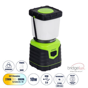 GloboStar® 69930 Αυτόνομο Επαναφορτιζόμενο Φανάρι Camping LED 10W με Εναλλαγή Χρωμάτων & Επαναφορτιζόμενη Μπαταρία 18650 4400mAh Li-ion – Power Bank – Αδιάβροχο IP54 Θερμό Λευκό 2700K – Ψυχρό Λευκό 6000K Μ18.5 x Π9 x Υ9cm