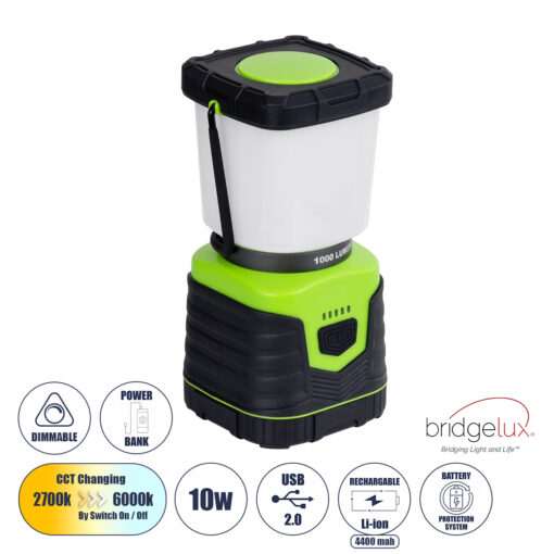 GloboStar® 69930 Αυτόνομο Επαναφορτιζόμενο Φανάρι Camping LED 10W με Εναλλαγή Χρωμάτων & Επαναφορτιζόμενη Μπαταρία 18650 4400mAh Li-ion – Power Bank – Αδιάβροχο IP54 Θερμό Λευκό 2700K – Ψυχρό Λευκό 6000K Μ18.5 x Π9 x Υ9cm