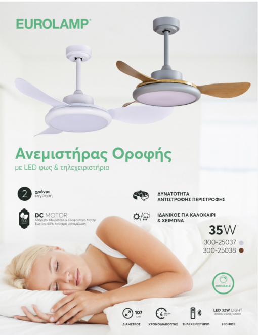 ΑΝΕΜΙΣΤΗΡΑΣ ΟΡΟΦΗΣ ΛΕΥΚΟΣ ΜΕ LED ΦΩΣ ΚΑΙ ΚΟΝΤΡΟΛ Φ107 DC 35W EUROLAMP – 300-25037