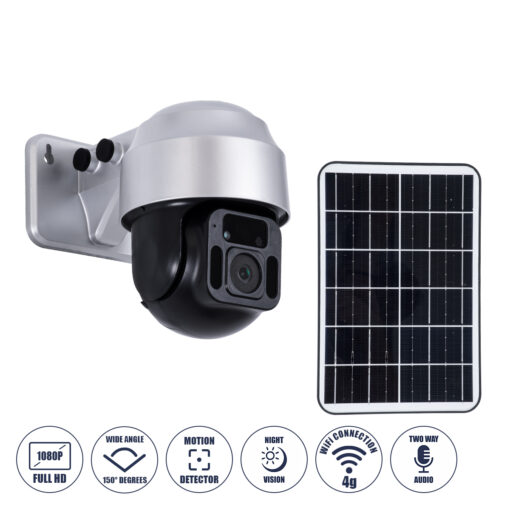 GloboStar® 86054 Αυτόνομη Ηλιακή Camera 1080P 2MP 4G SIM CARD WiFi 150° Μπαταρία 3200mAh Φωτοβολταϊκό Πάνελ Διπλή Κατέυθυνση Ομιλίας Αδιάβροχη IP66 Ψυχρό Λευκό 6000K – Ασημί