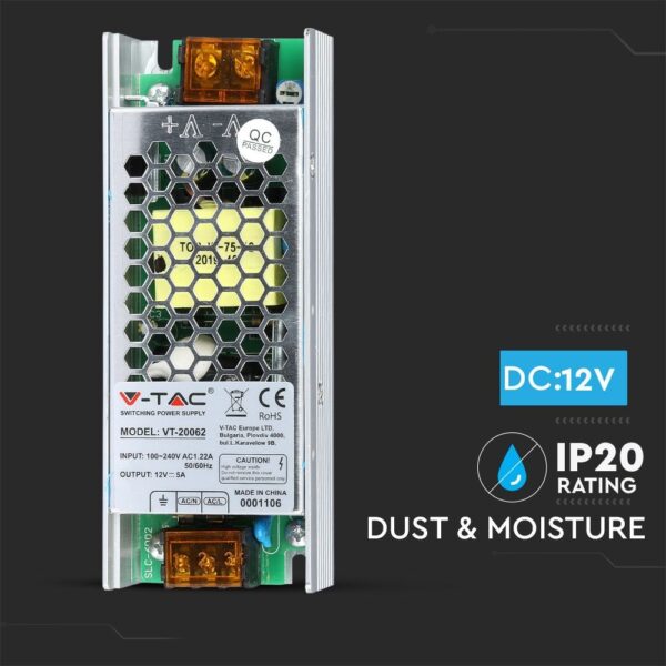 Τροφοδοτικό για LED 60W 12V IP20 Μεταλλικό V-TAC – 3246