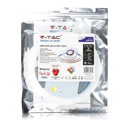 LED Ταινία 18W V-TAC PRO Samsung Chip Dimmable 24V 1500lm/m CRI >95 Θερμό Λευκό 3000Κ 10 Μέτρα – 331