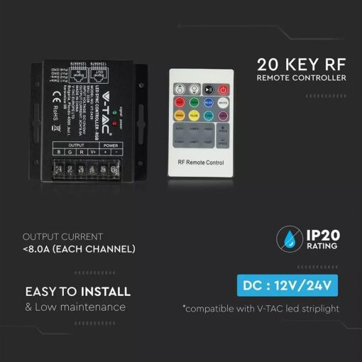 LED Controller με Τηλεχειριστήριο RF για Ταινίες RGB 288W/576W V-TAC – 3339