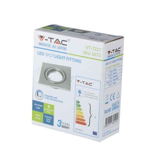 Σποτ LED V-TAC 35W ασημένιο, στρογγυλό, βάσης GU10, IP20, συμβατότητα ενεργειακής κλάσης Α+.