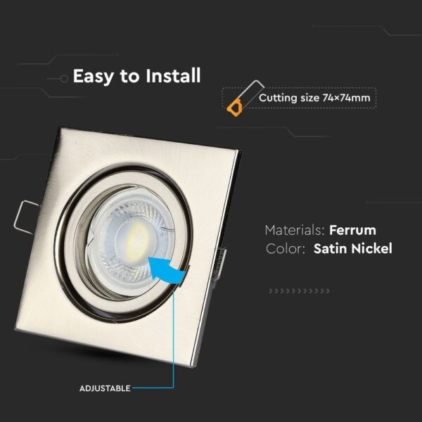 Ρυθμιζόμενο φωτιστικό οροφής, φερούμ κατασκευή, σατινέ νίκελ, εύκολη εγκατάσταση, διάσταση κοπής 74x74mm.