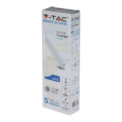 LED Φωτιστικό Ράγας Λευκό 7W V-TAC PRO Samsung Chip COB CRI >90 24° 420lm Θερμό Λευκό 3000K – 350