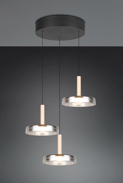 Κρεμαστό Φωτιστικό Ροζέτα με 3 Σποτ Ξύλο+Φιμέ Γυαλί CELESTE LED 22.5W 2250lm Step Dimmable 3000Κ Trio Lighting – 354930332